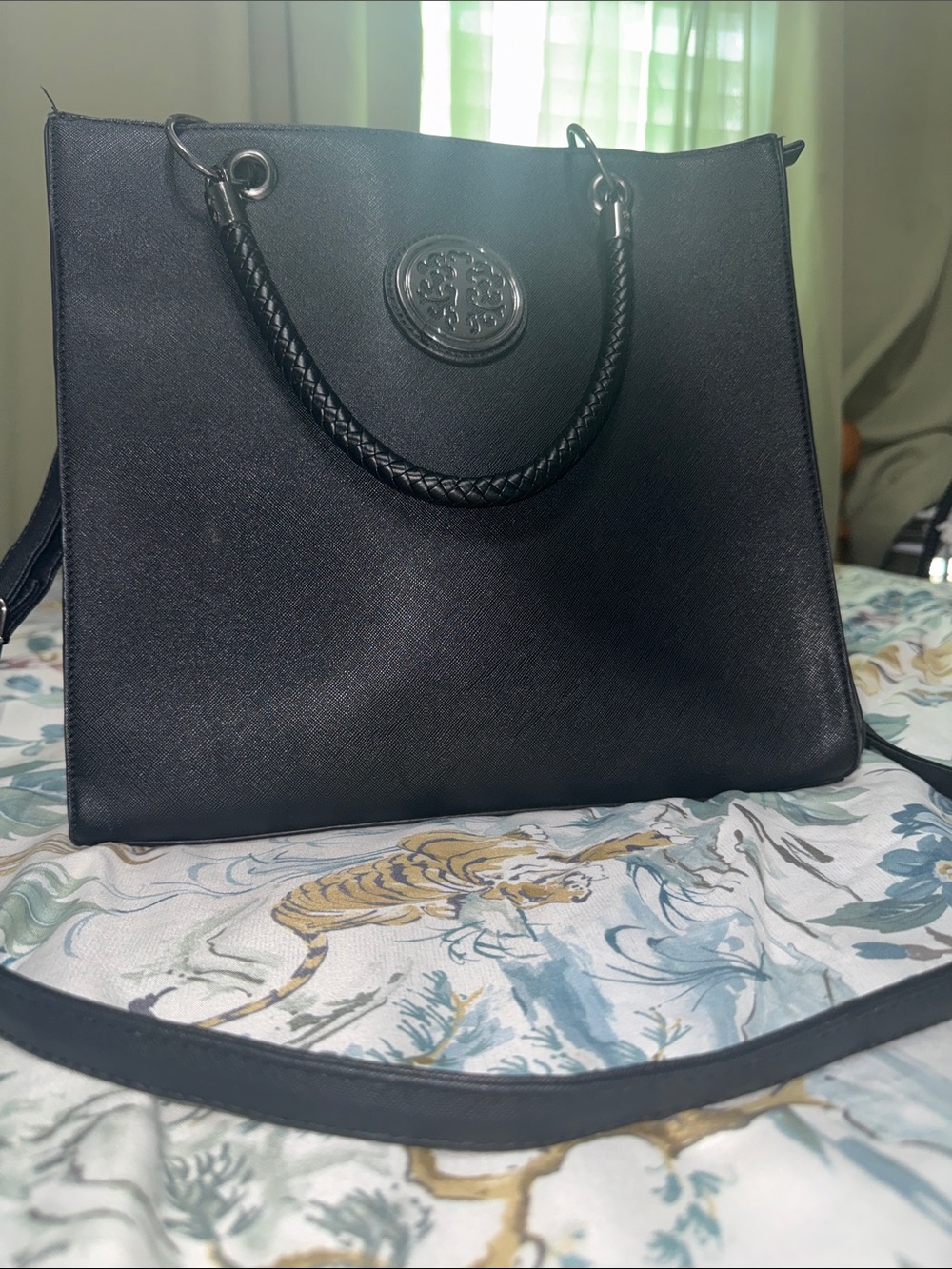 Classic Black Structured Tote Bag with Braided Handles